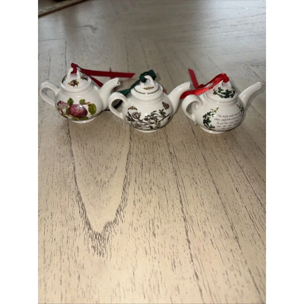 3 Portmeirion Pomona Mini Teapot Ornaments Morning Apple & Dog Rose, Ivy/Holly